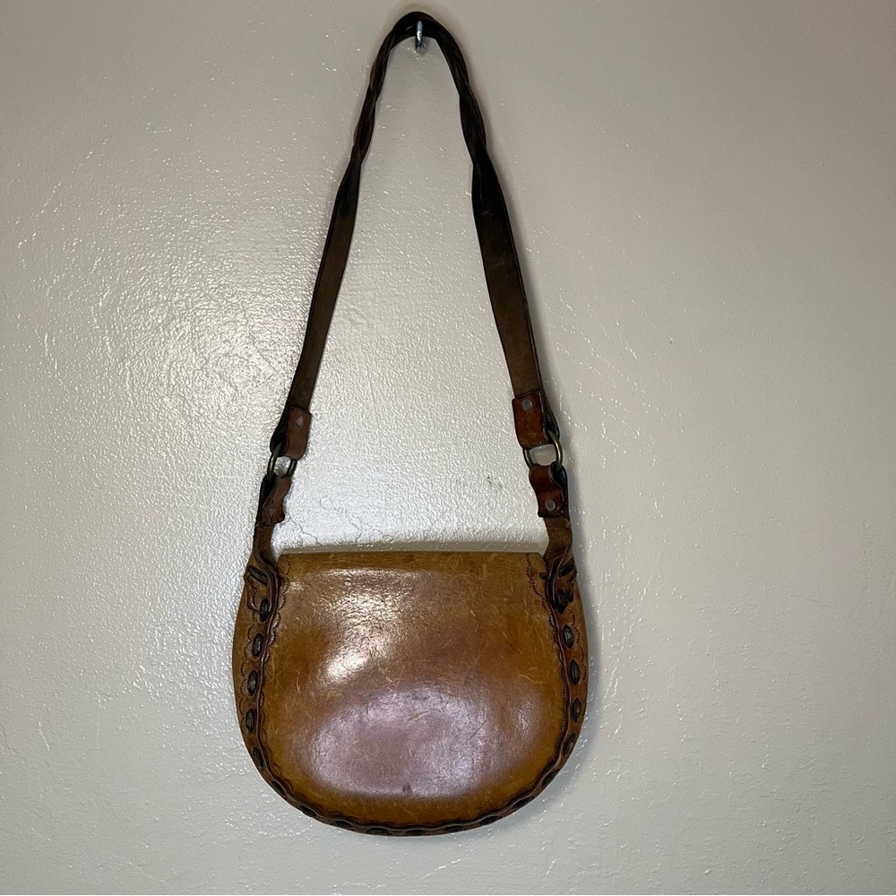 Handmade Vintage Tooled Leather 70s Boho Brown Braided Shoulder Saddle Bag Purse - Picture 3 of 8